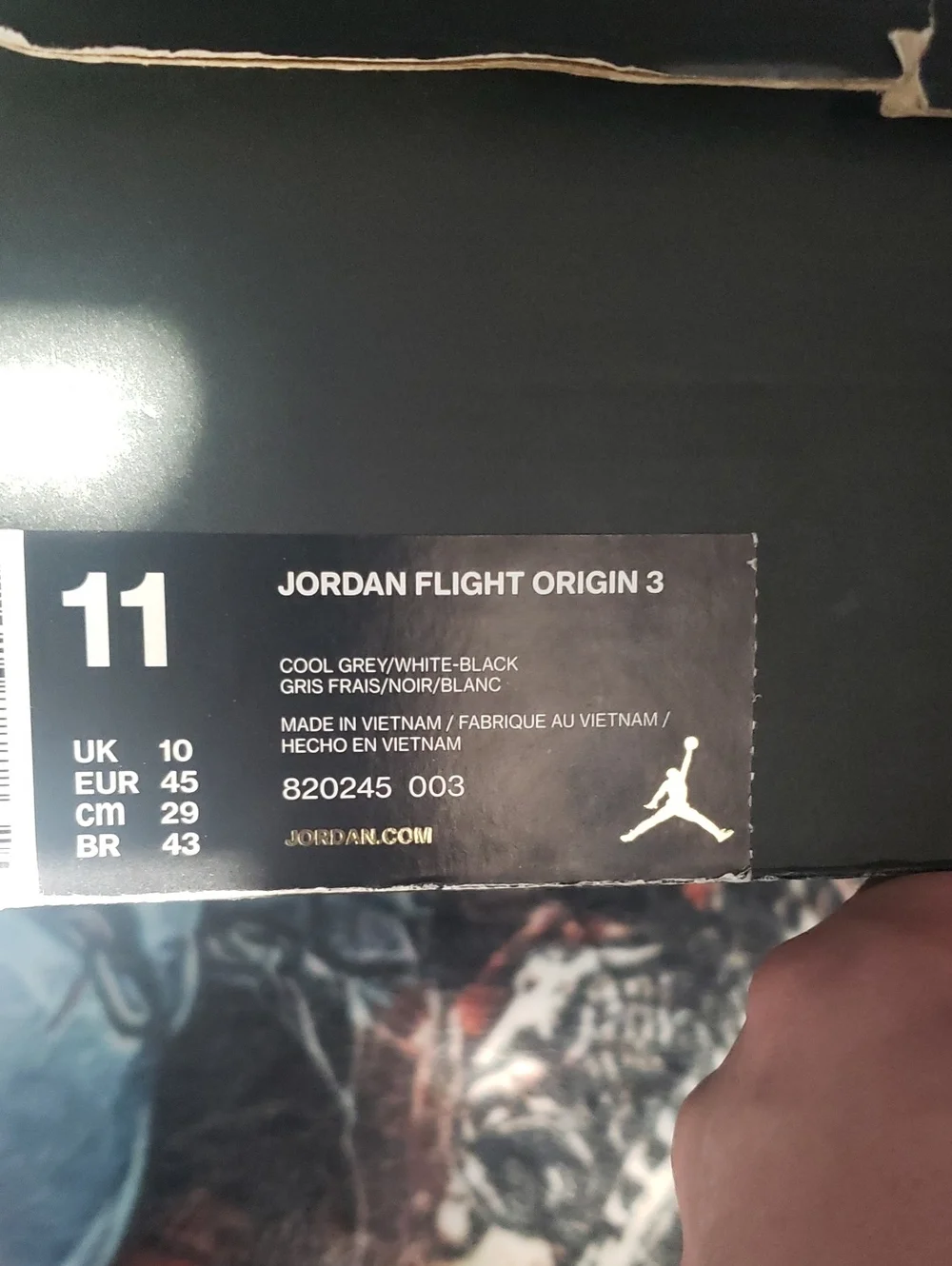 Jordan Flight Origin 3 Cool Grey White Black Box Label - Size 11
